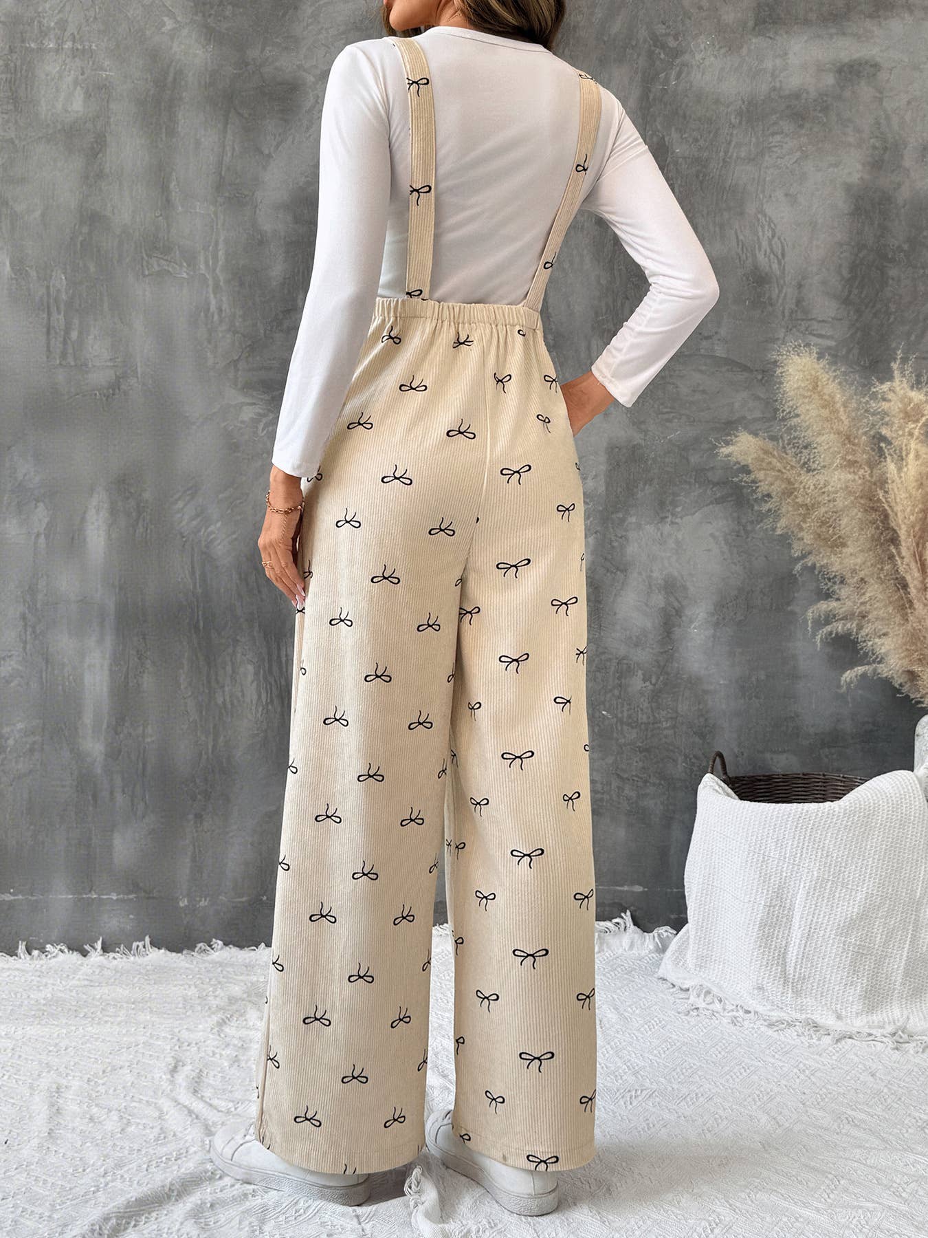 Beige Wide Leg Corduroy Overalls with Bow Print Design for wholesale on Faire5