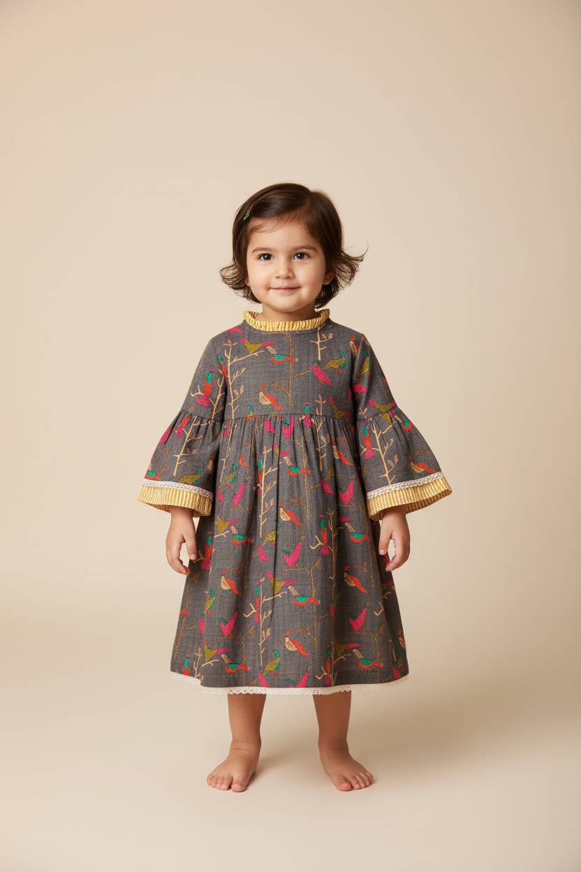 Yo Baby – wholesale Dress – Kids – Bird Print Bell-Sleeves Dress