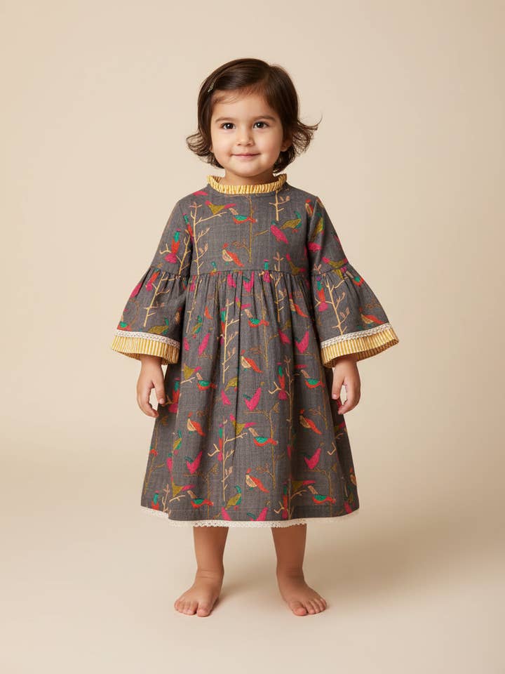 Yo Baby – wholesale Dress – Kids – Bird Print Bell-Sleeves Dress0