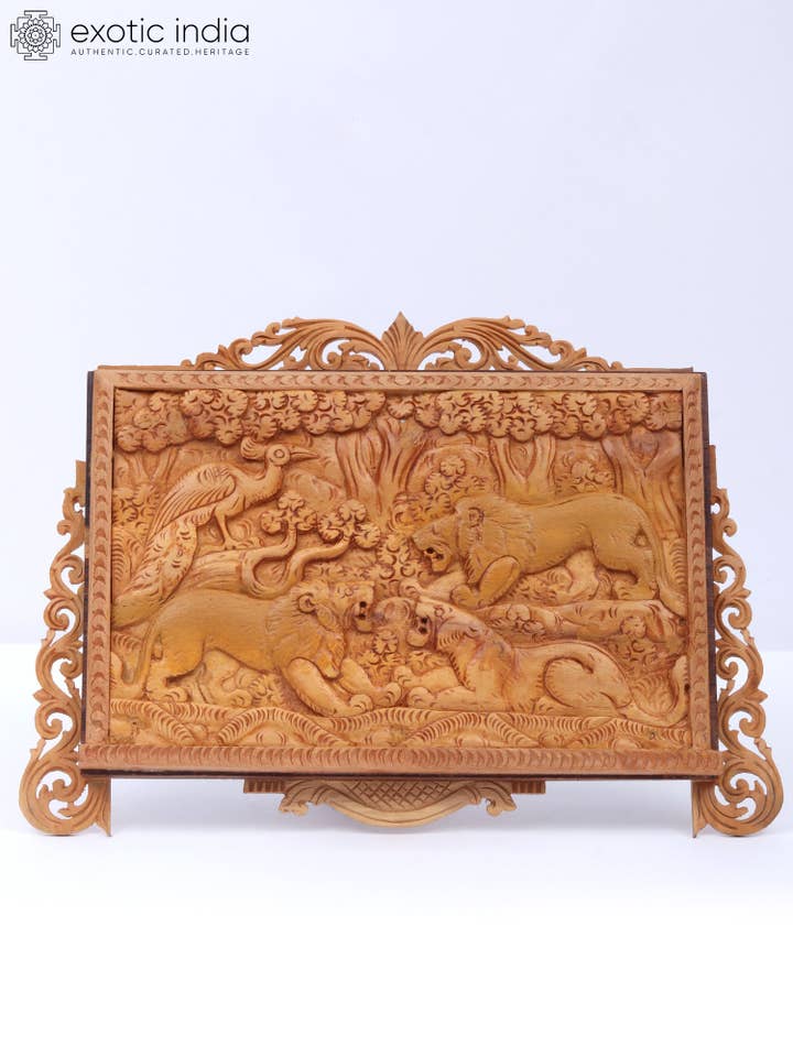 9" Wood Frame Of Lions And Peacocks - Wildlife View for wholesale by Exotic India Art