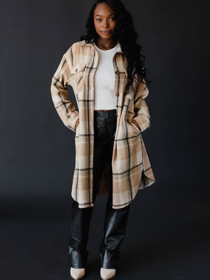 Panache Apparel Co. - Wholesale Shirt - Women's - Tan, Black & Beige Plaid Long Flannel