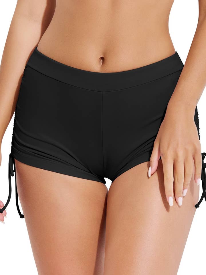 Black High Waisted Tummy Control Full Coverage Swim Shorts for wholesale by Beautikini