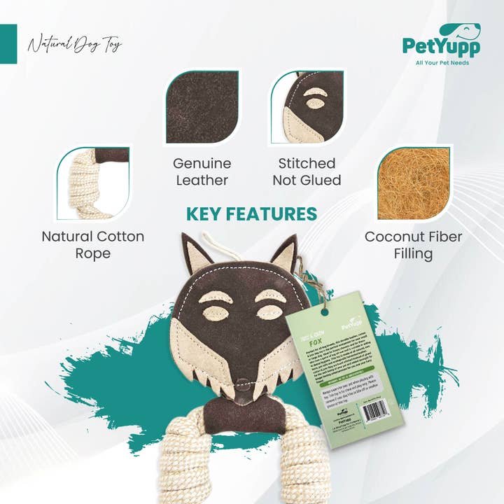 PetYupp - Wholesale Pet Rope Toy - Dog - Cotton & Jute Toss-Tug Dog Toy with Genuine Leather - Fox