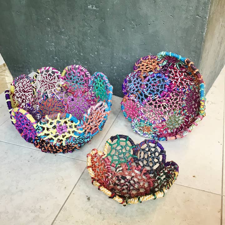 India Handicrafts Inc - Wholesale Basket - Colorful Jute Flower Baskets, 3-Piece Set