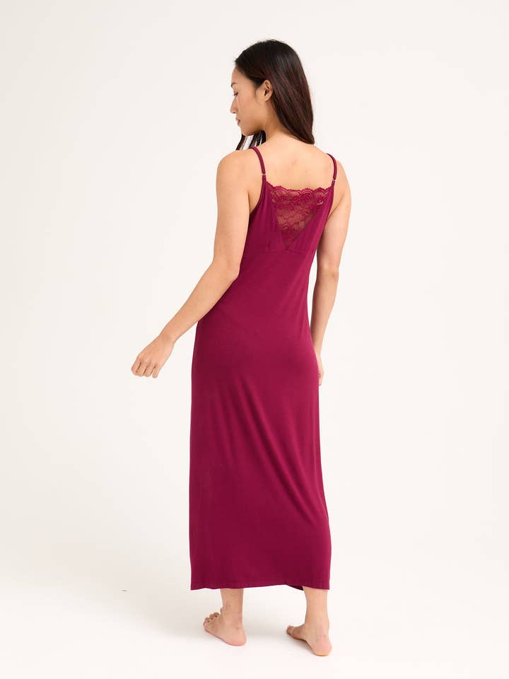Bamboo Lace Midaxi Chemise in Bordeaux for wholesale on Faire2