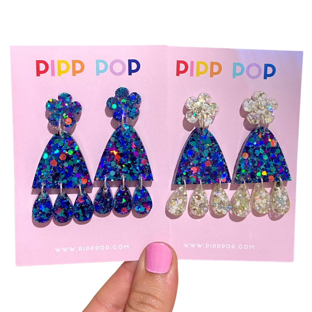 Pipp Pop – wholesale Dangle earrings – Suzie Glitter Dangles - Blue Illusion - 2 styles available3