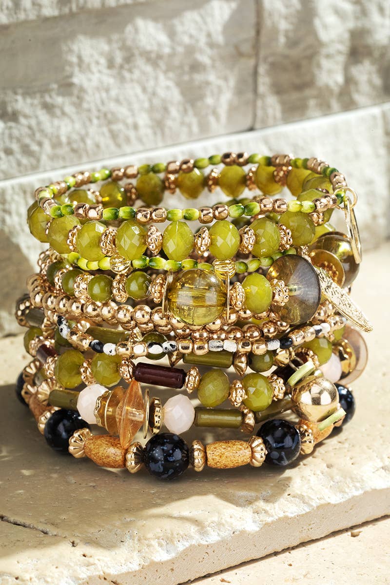 Forest Green Gdgrn  11-in-1 Multi Layered Mixed Beads Bracelet for wholesale on Faire2