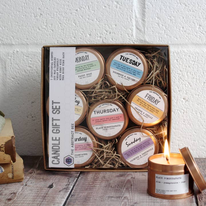 Days of the Week Candle Gift set soy wax rose gold copper tins for wholesale by The Abstract Bee