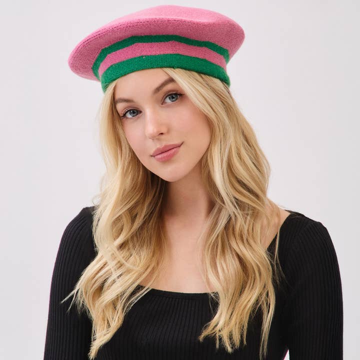 Hana - Vendita all'ingrosso Basco - Donna - Berretto in Maglia Invernale a Righe Bicolore