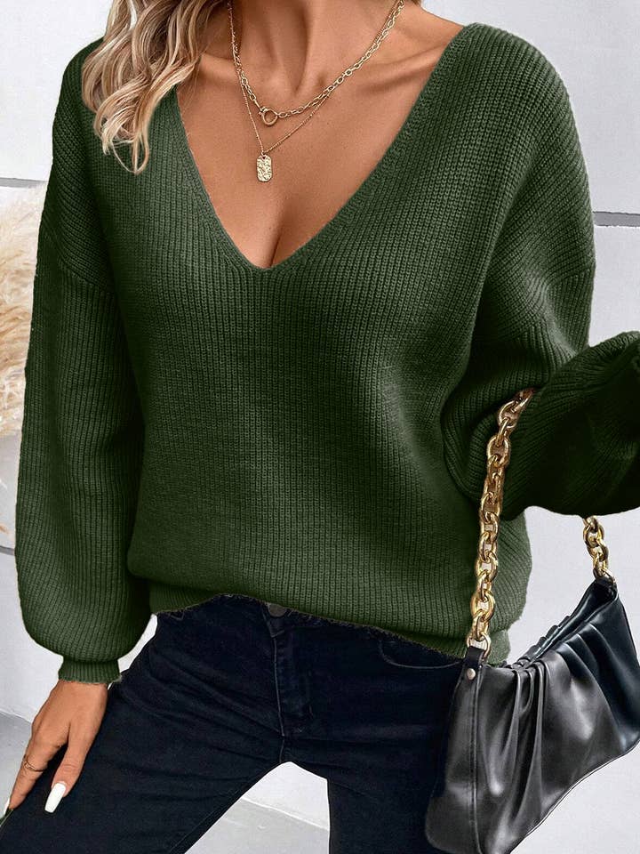 Lovesoft - Wholesale Knit Sweater - Women's - Lantern Sleeve V Neck Knot Back Sweater5
