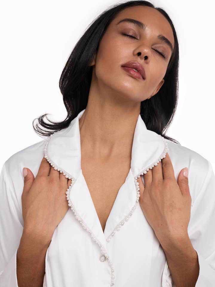 Bröllopspyjamas i 100 % silke med pärlor, 19 momme silkespajamas för wholesale av IDENTITY LINGERIE