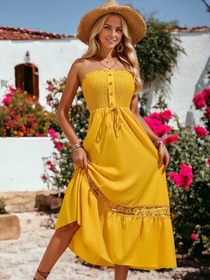 Anna Kaci Wholesale - Wholesale Dress - Women's - Smocked Chest Button Detail Strapless Lace Detail Maxi Dress