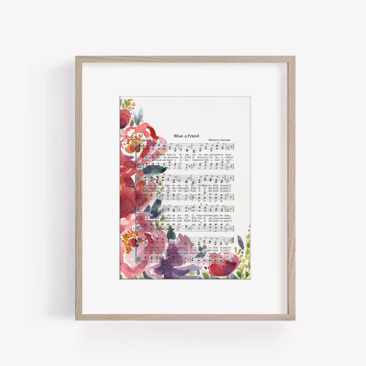 Estampado de himno floral con peonías rosas y rojas «What a Friend» para venta al por mayor de Marydean Draws