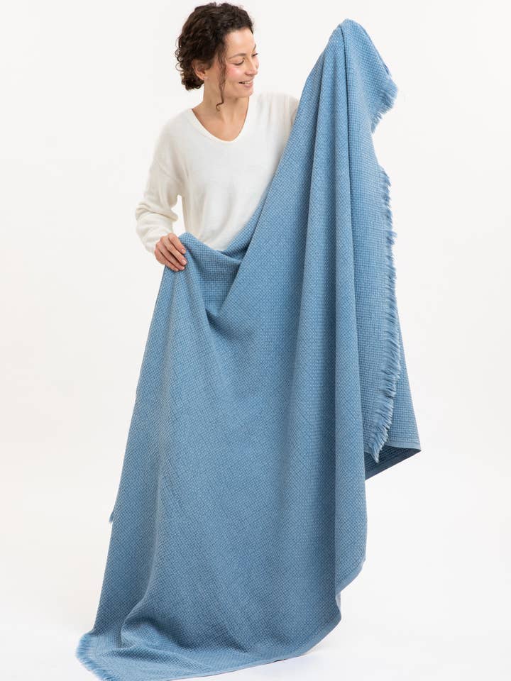 Denim Blue Linen Blend Stonewashed Basket Weave Throw for wholesale by Woven Stories