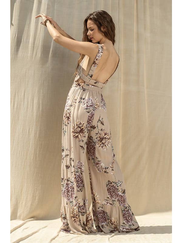 Taupe Floral Print Wide Leg Jumpsuit for wholesale on Faire