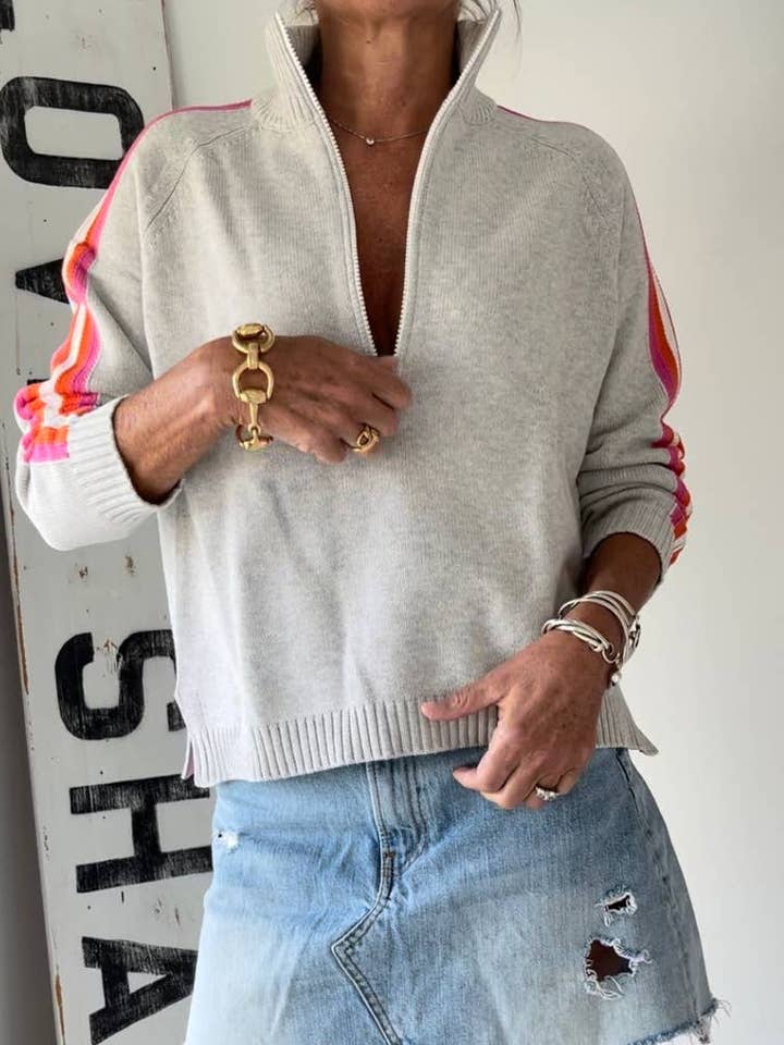 Retro 1/2 Zip Cotton Sweater (Gray/Pink/Orange) for wholesale by Pink Pineapple