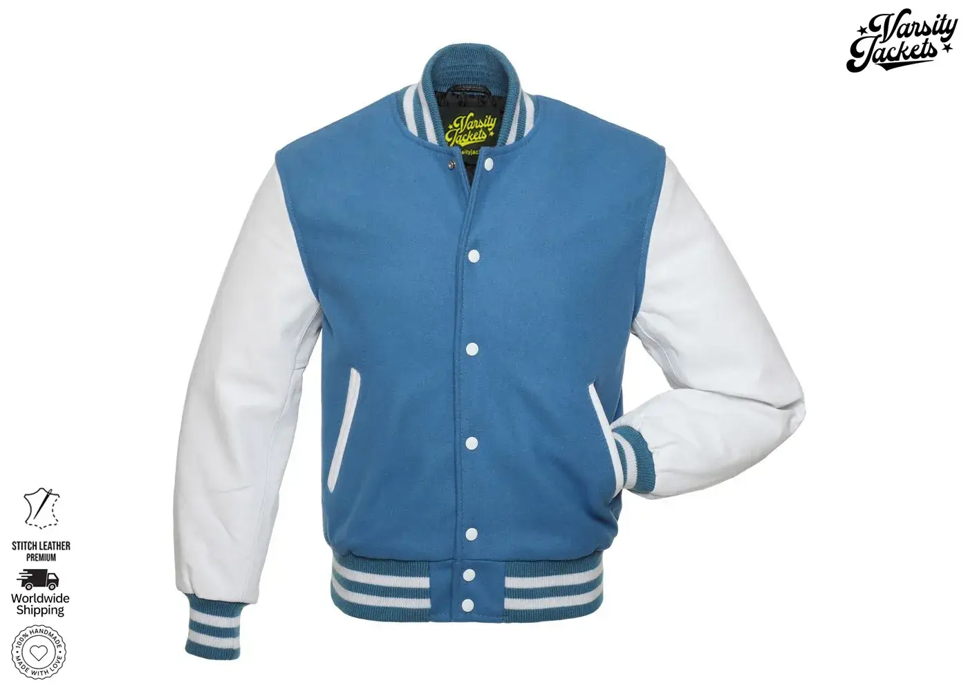 Varsity Craft - Wholesale Varsity/Baseball Jacket - Women's - Columbia Blue Wool & White Leather Sleeves Letterman Jackets0