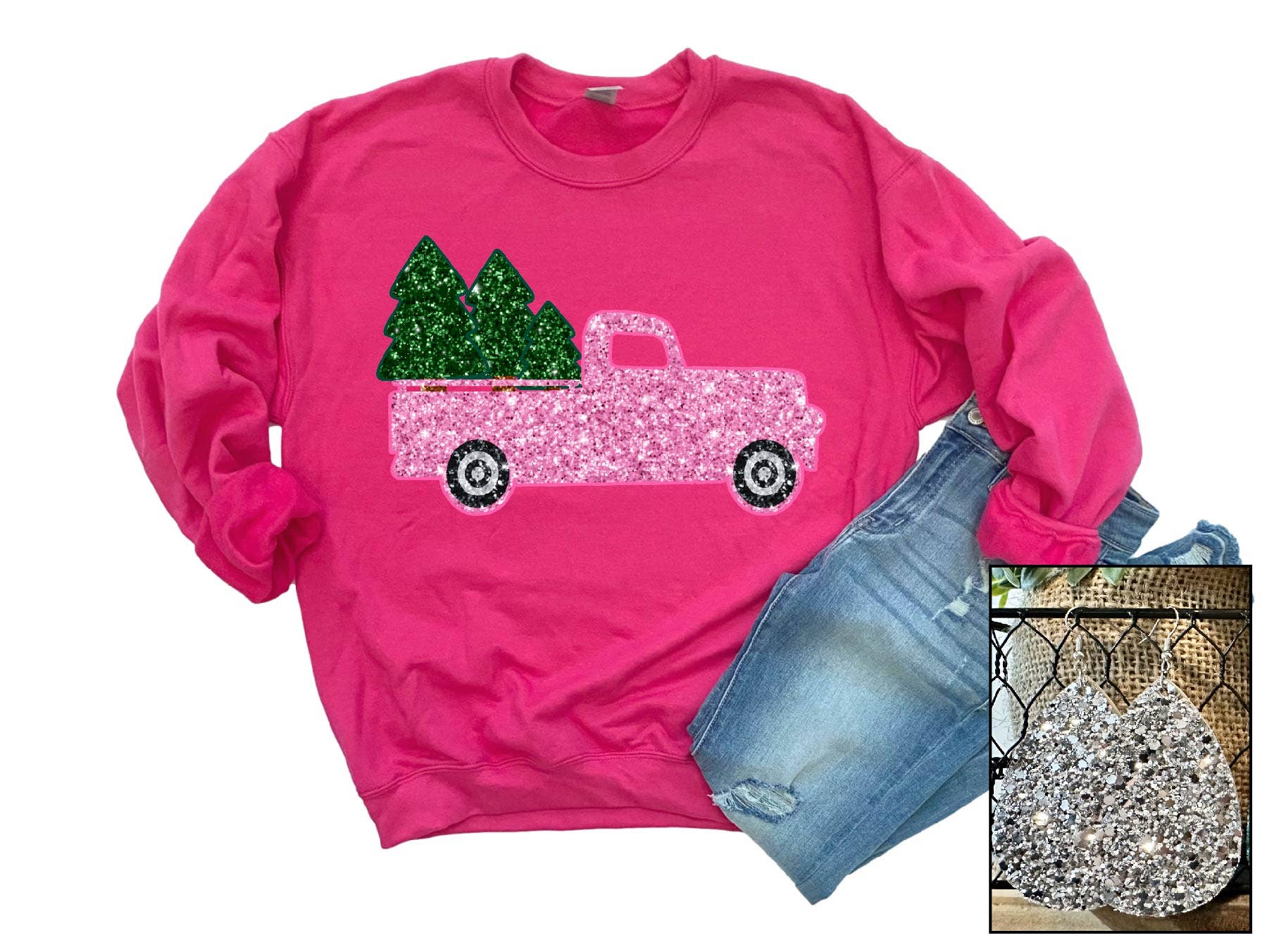 Southern Attitude Designs Inc – wholesale Graphic sweatshirt – Women’s – Pink Christmas Truck (Glitter Look)0