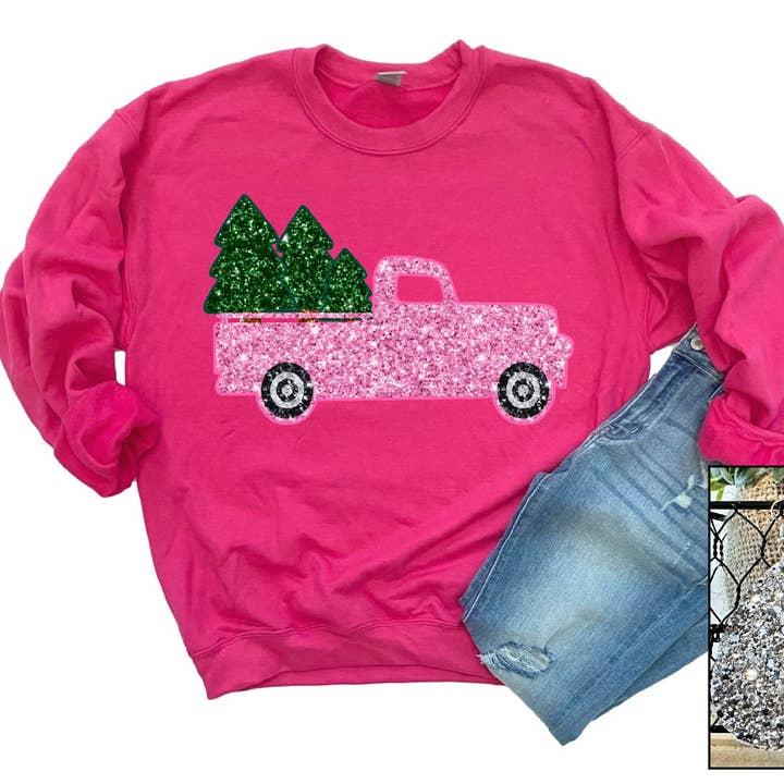 Southern Attitude Designs Inc – wholesale Graphic sweatshirt – Women’s – Pink Christmas Truck (Glitter Look)0