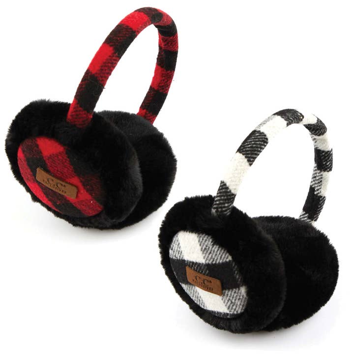 Buffalo Check Pattern Earmuffs w Black Trim for wholesale by Fashion City