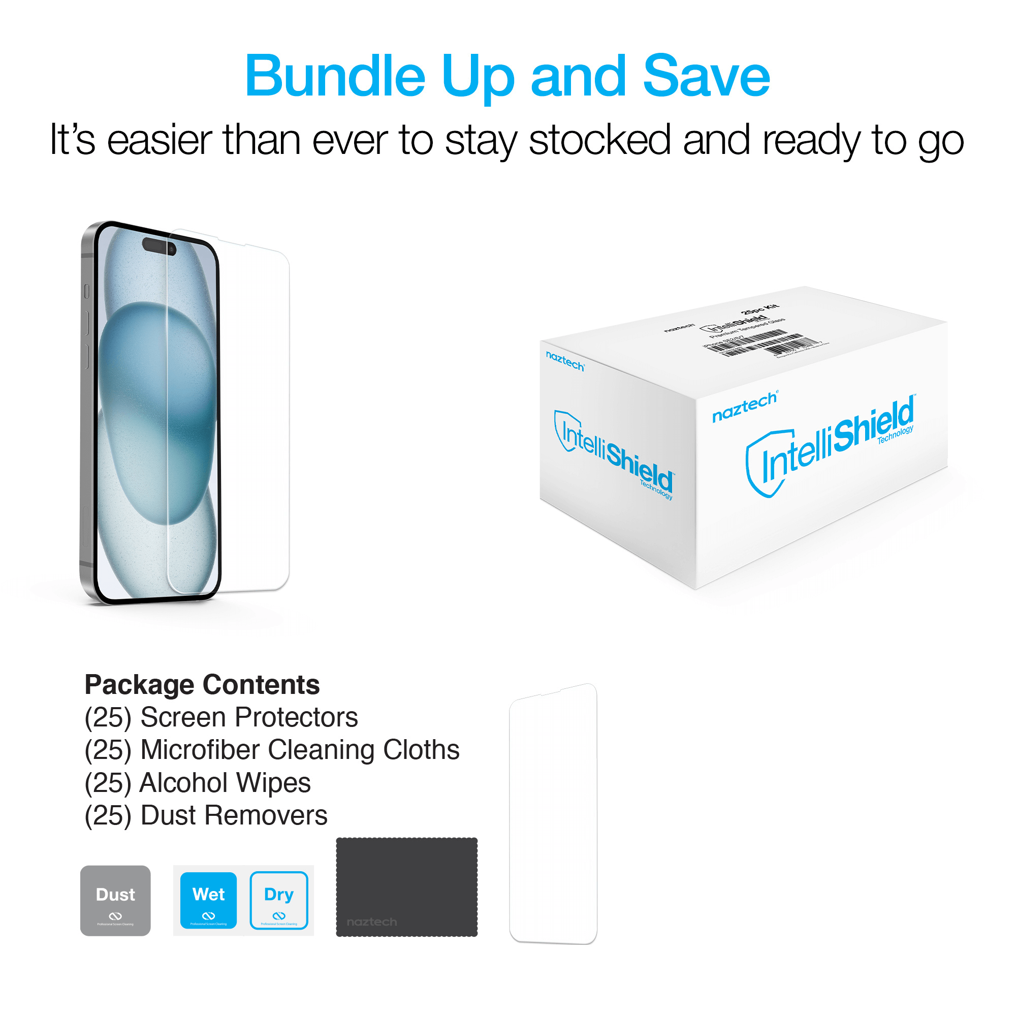 JupiterGear Home - Wholesale Device Screen Protector - Naztech IntelliShield HD Tempered Glass 25pc Bundle Kit7
