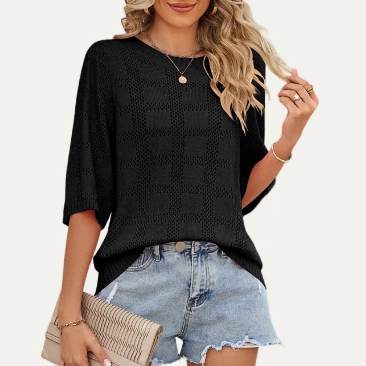 The Moment Collection - Wholesale Gebreide top - Dames - Mooie gebreide Pointelle top met geruite patroon en korte mouwen5