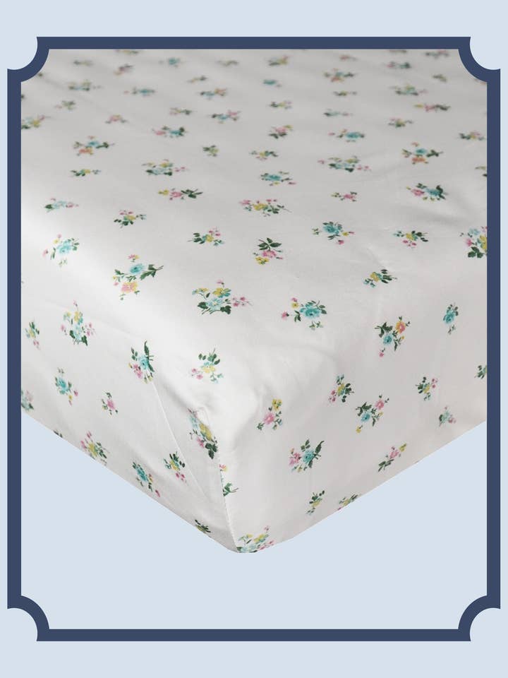 Bridgerton Fitted Sheet made with Liberty Fabric POSY CORSAGE YELLOW for wholesale by Coco & Wolf