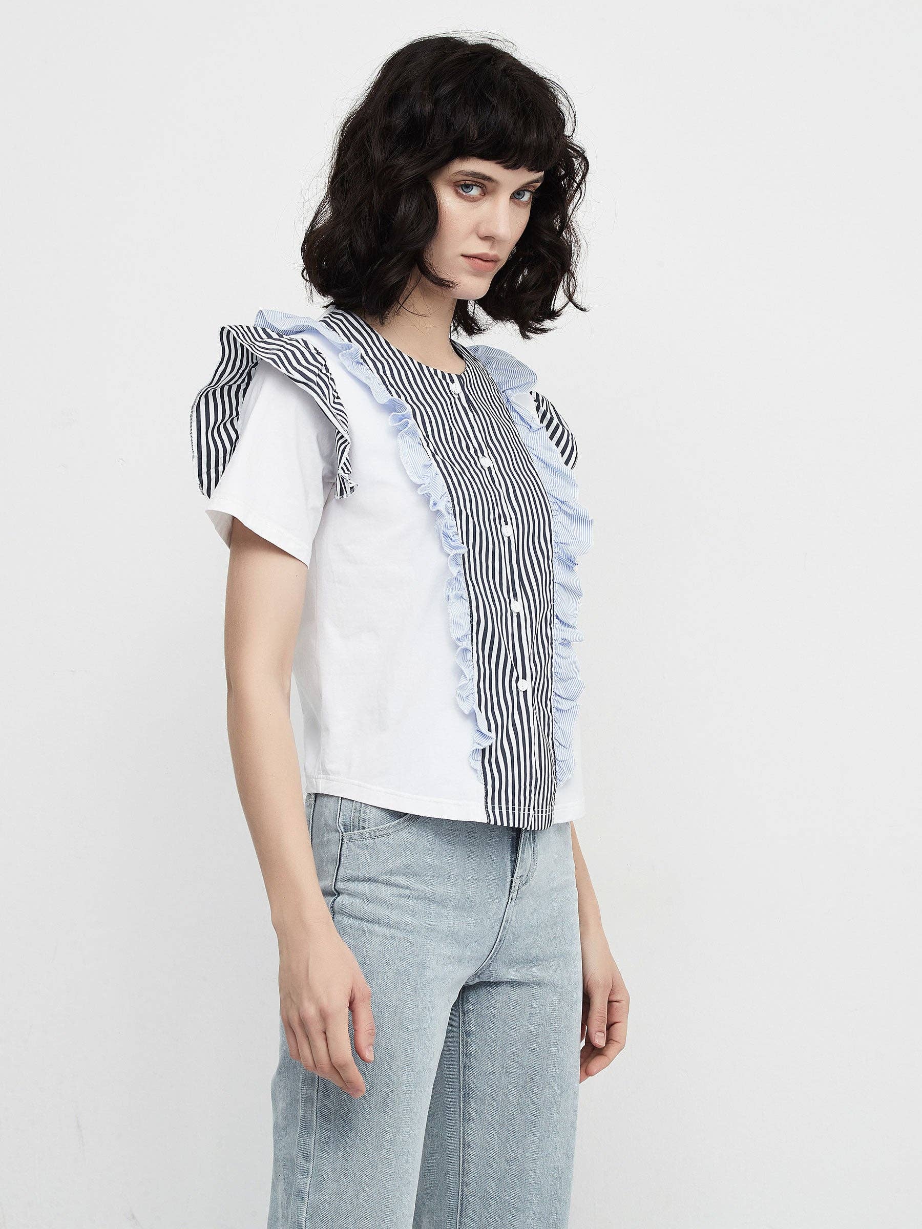 White Blue Ruffled Colour Block  Short Sleeve Top for wholesale on Faire7