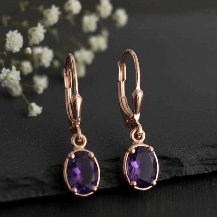 Royal Violet Drops: Natural Oval Amethyst Dangle Earrings in Sterling Silver for wholesale by Princejewelshub
