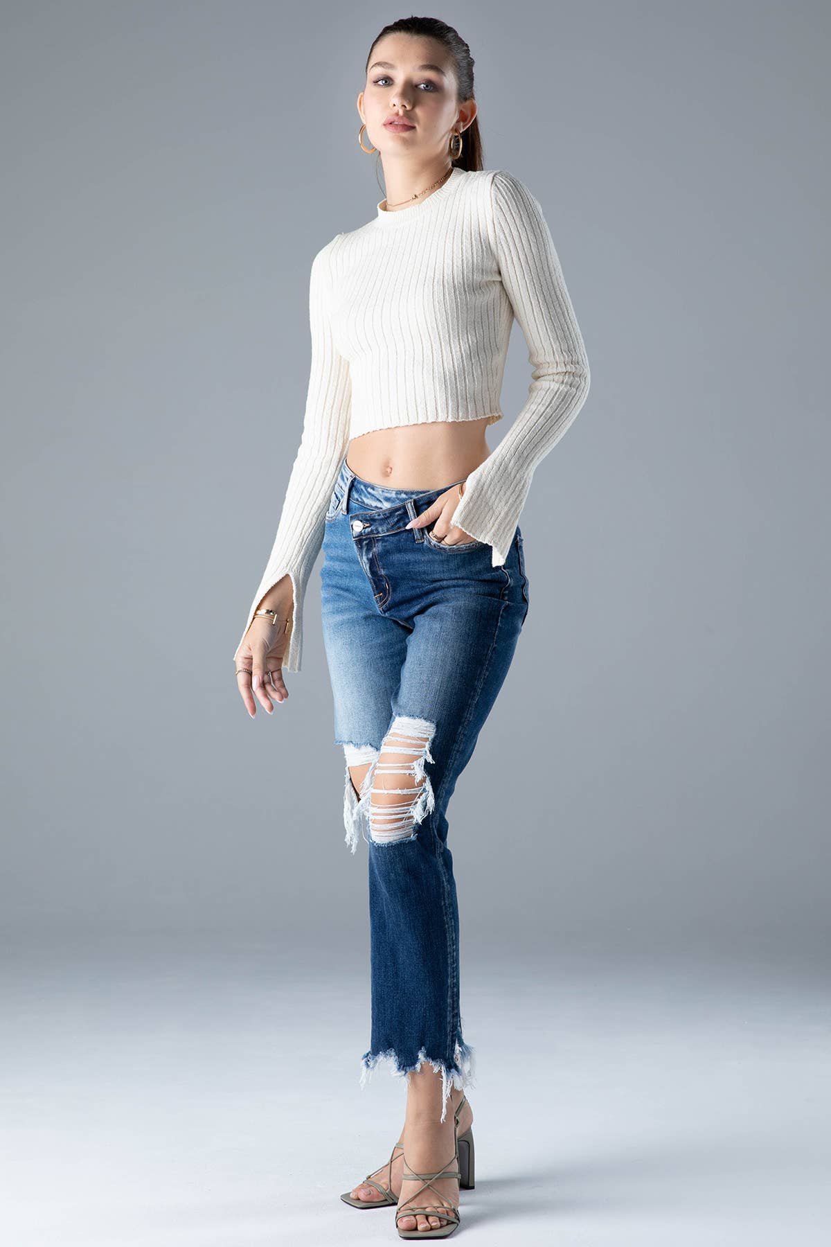 Ceros Jeans - Vente Jean – femme - Denim droit bicolore Distress taille haute pour femmes, automne5