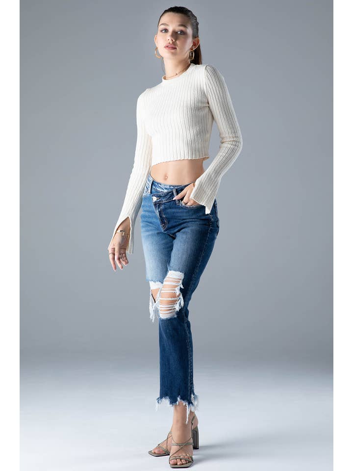 Ceros Jeans - Vente Jean – femme - Denim droit bicolore Distress taille haute pour femmes, automne5