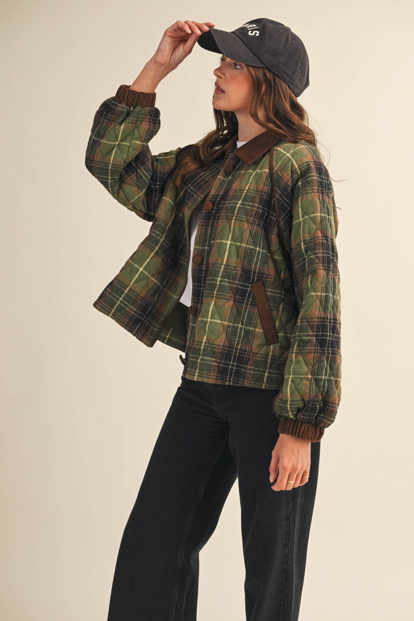 &MERCI - Wholesale Jacket - Women's - PLAID QUILTED JACKET WITH CONTRAST CORDUROY DETAIL MJK411514