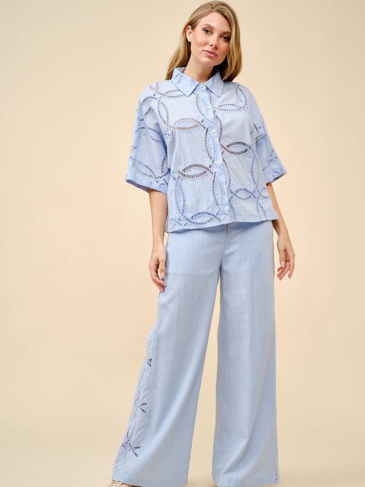 Øjelet matchende top og bukser sæt for engroshandel hos Tea & Cup