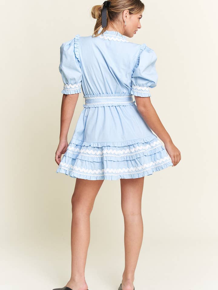 In the Beginning - Wholesale Dress - Women's - Blue V-Neck Ruffled Mini Dress