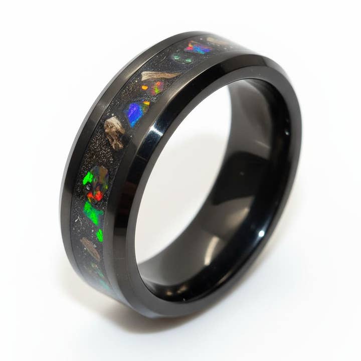 Black Ceramic Ring with Opal, Peridot & Meteorite Dust for wholesale by Natural Evolution Design