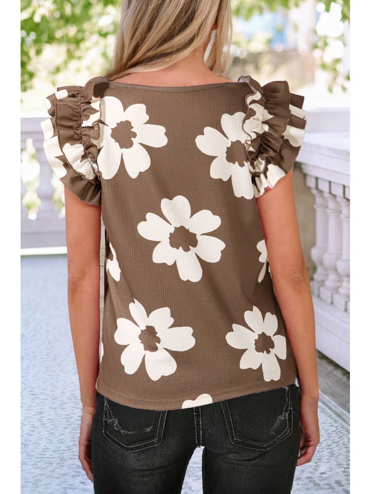 Little Daisy Closet - Wholesale Blouse - Women's - LDC Floral Ruffled Short Sleeve Square Neck Textured Blouse