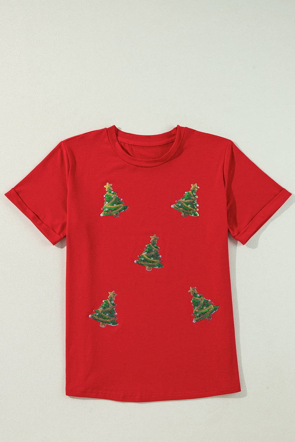 Sequin Christmas Tree Holiday Graphic Red Crewneck Tee for wholesale on Faire6