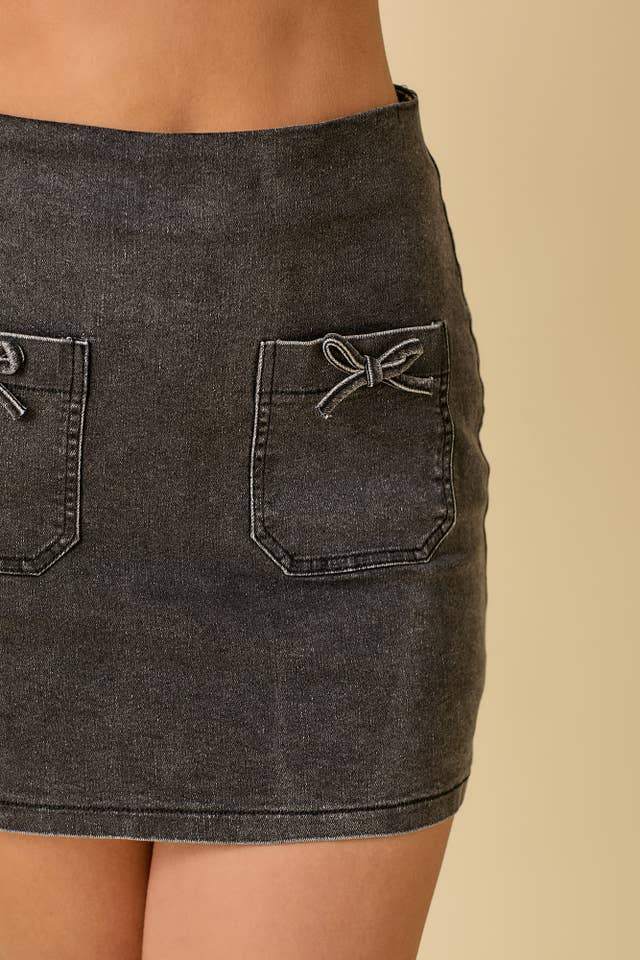 Black Mini Denim Skort With Front Pocket And Ribbon Bow for wholesale on Faire3