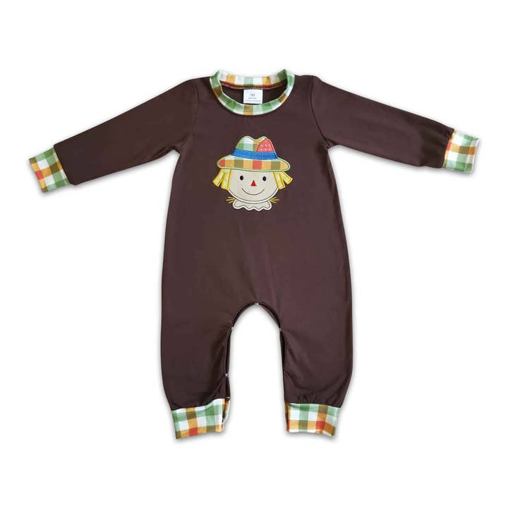 Yawoo Garments - Wholesale Jumpsuit - Baby - Scarecrow embroidery brown plaid baby boy Thanksgiving romper