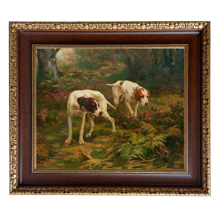 Pointer Dogs Chasing Rabbit Vintage Painted Print on Canvas for wholesale by Madison Bay Co. - Historical Home Decor Reproductions
