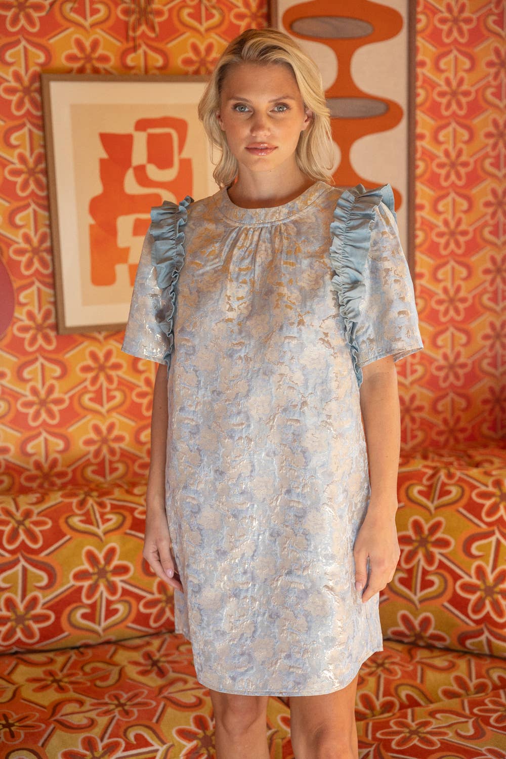 VOY - Venta al por mayor Vestido - Mujer - 34882 Vestido de Volantes con Contraste de Jacquard Metálico1