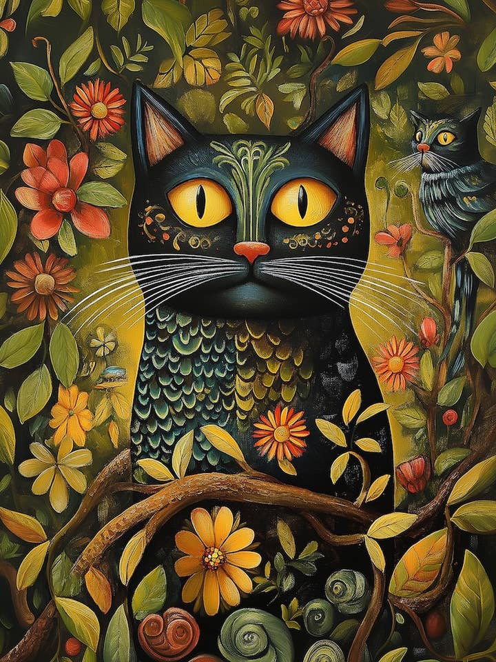 Folk Art Black Cat in the Secret Garden - Folk Art Prints – 8″x10″ Artwork in 11″x14″ Mat for wholesale by Mowbi