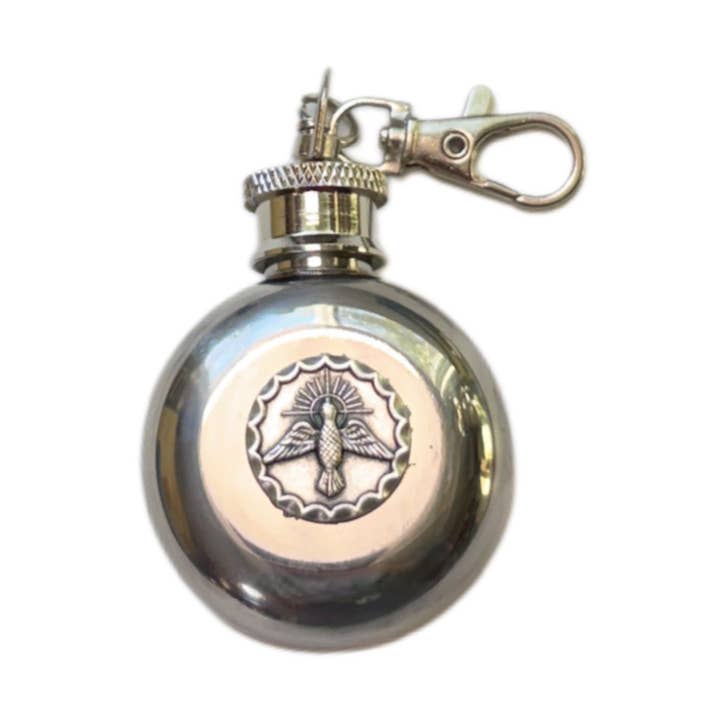 Holy Water Flask - Holy Spirit Round SS w/ Keychain 1 oz for wholesale by Oremus Mercy