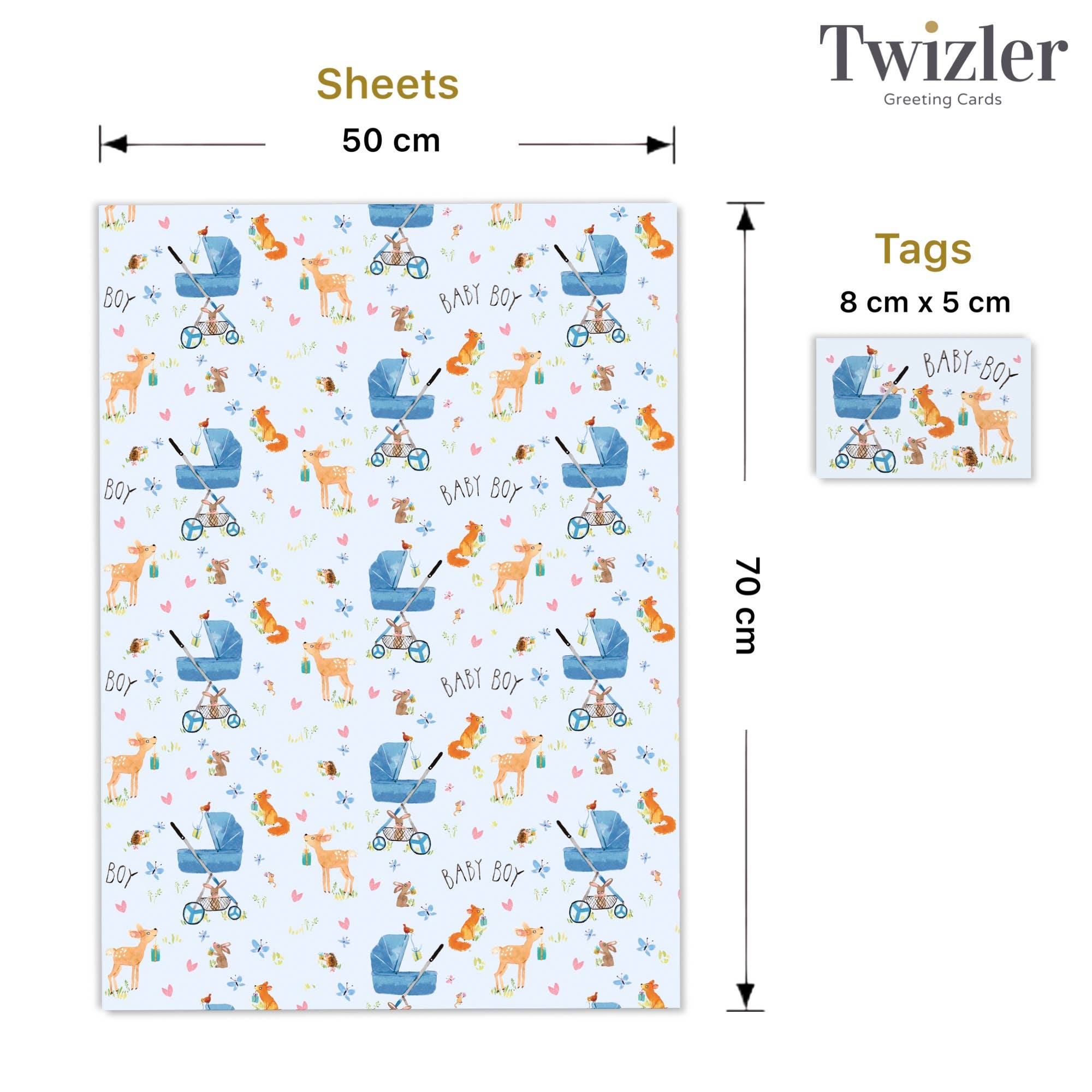 Twizler Ltd – wholesale Flat wrap – New Baby Boy Gift Wrap - Packed 2 Sheets 2 Tags2