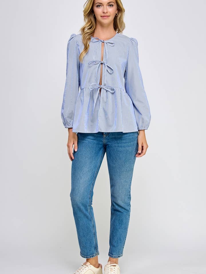 Ellison - Wholesale Blouse - Women's - TT-10190-6 LONG SLEEVE TIE FRONT PEPLUM BLOUSE BLUE