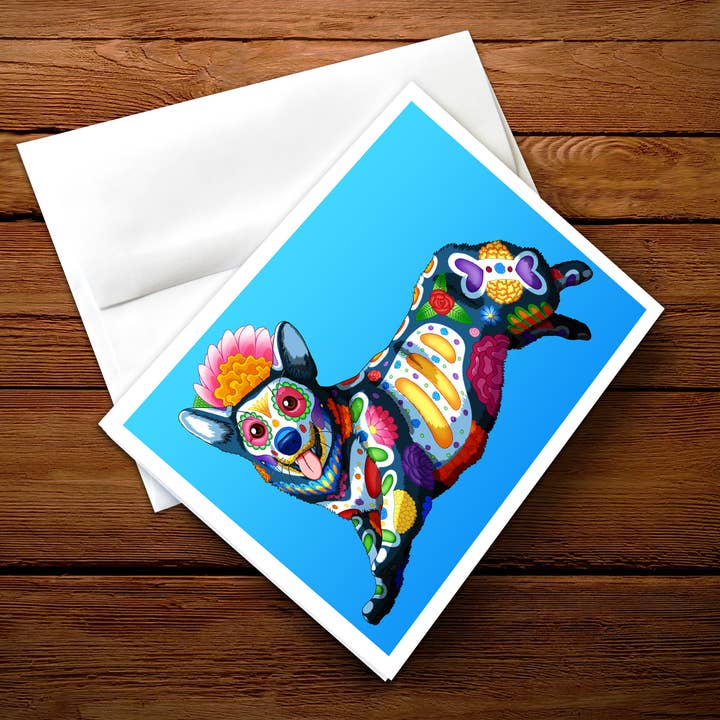 5 x 7" Day of the Dead Dog Corgi Greeting Card - "Ella" for wholesale by Nicholas Ivins Art & Illustration
