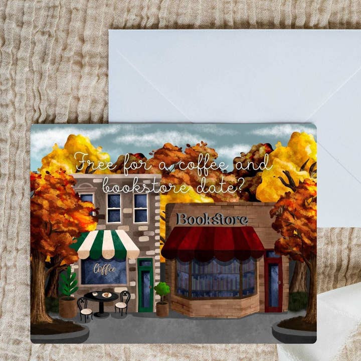 Coffee and Bookstore Date Just Because Card | Bookish Greeting Cards for wholesale by Serafine Art and Design