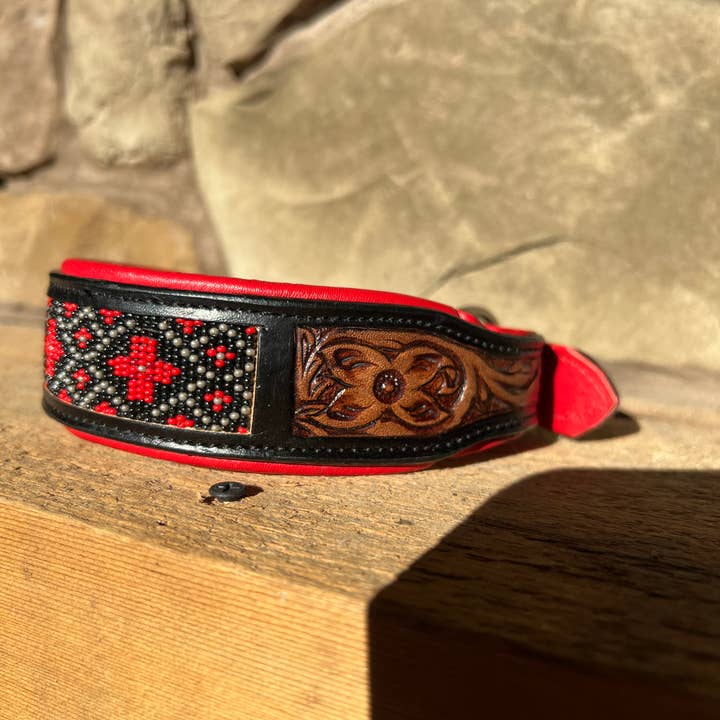 Westrian (Formerly Equipage) - Wholesale Pet Collar - Dog - Cardinal Tooled Saddle Leather Red Beaded Dog Collar