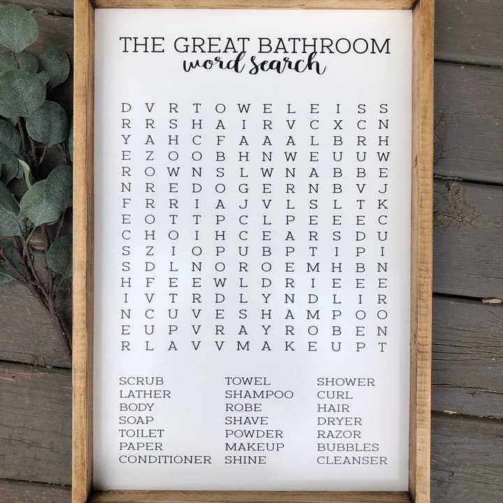 Willie & Dolly Designs - Wholesale Bathroom Sign - The Great Bathroom Word Search Wooden Framed Sign