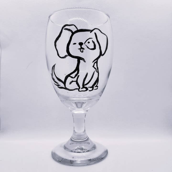 Spot the Pup Line Art Glass Goblet 16oz for wholesale by Art by Amy Bridges
